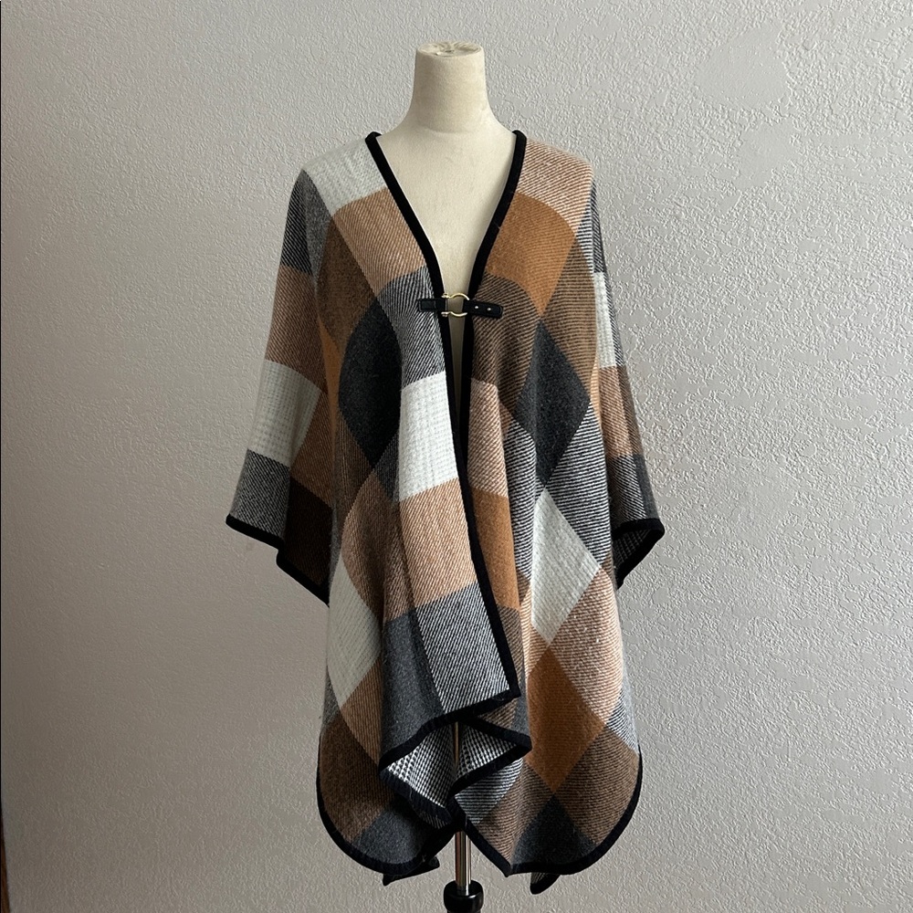 Marc New York Plaid Neutral Tone Poncho Cape Wrap with Buckle Closure